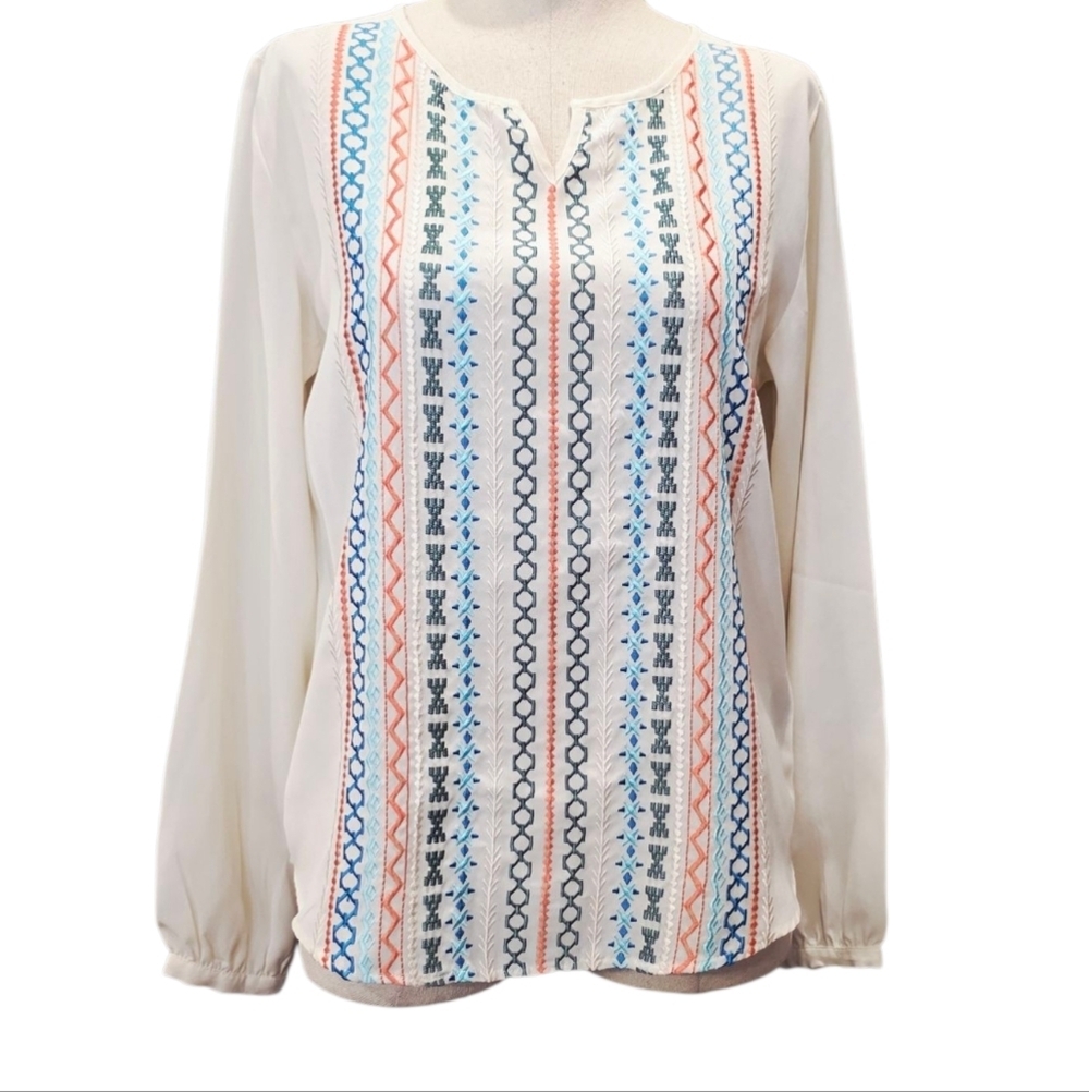 Rock & Roll Cowgirl Cream Blouse with Blue and Orange Embroidery